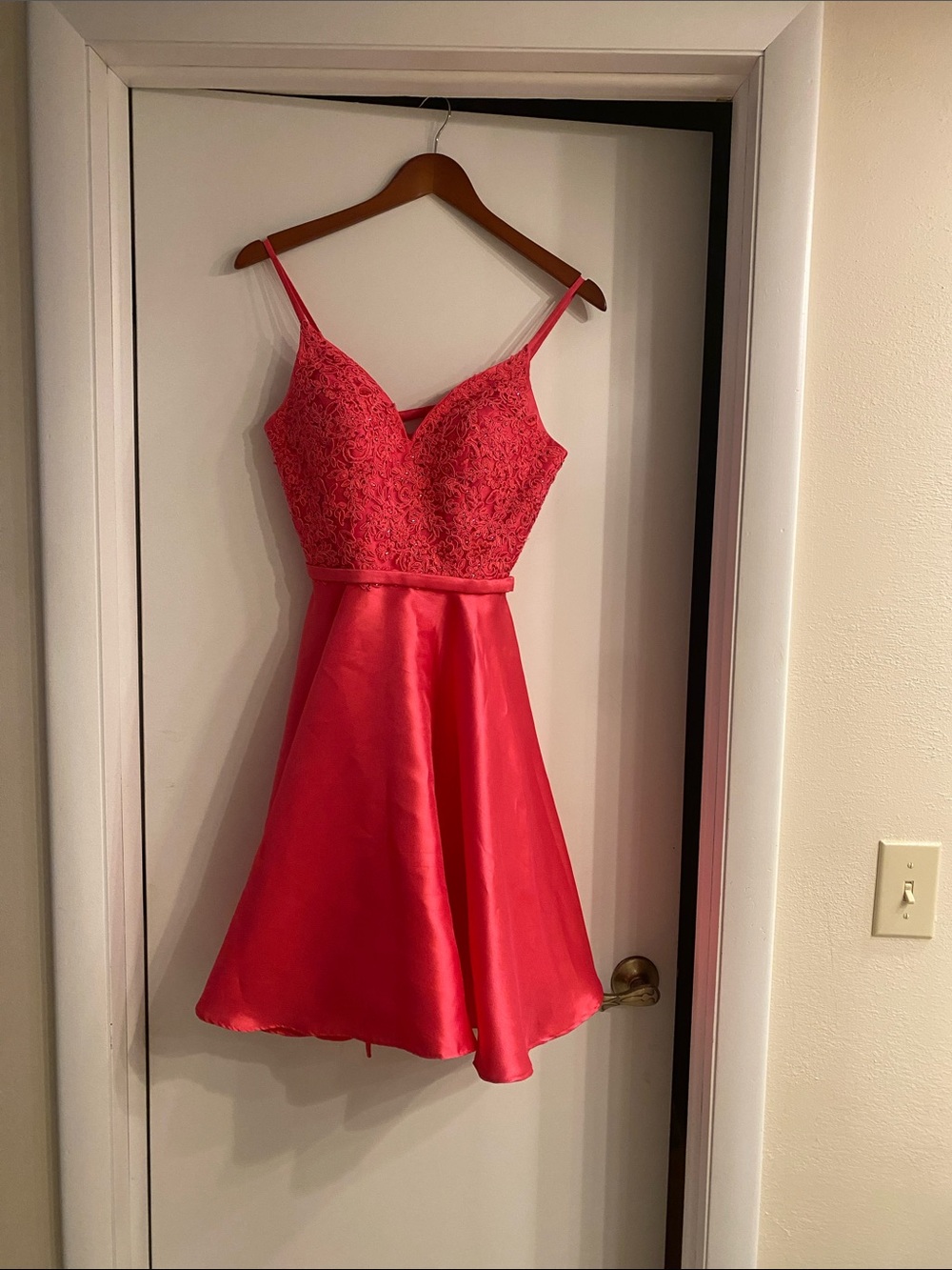 Hot Pink Hand Beaded Bodice Satin A-Line Prom Dress